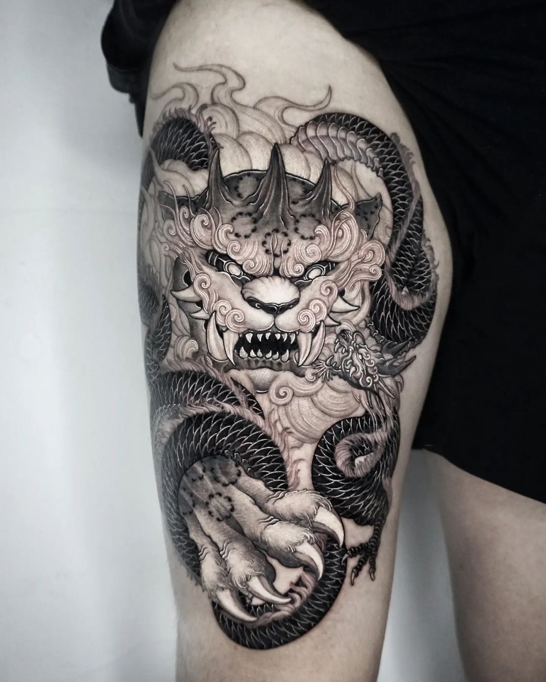 Japanese Foo Dog Tattoo on Leg