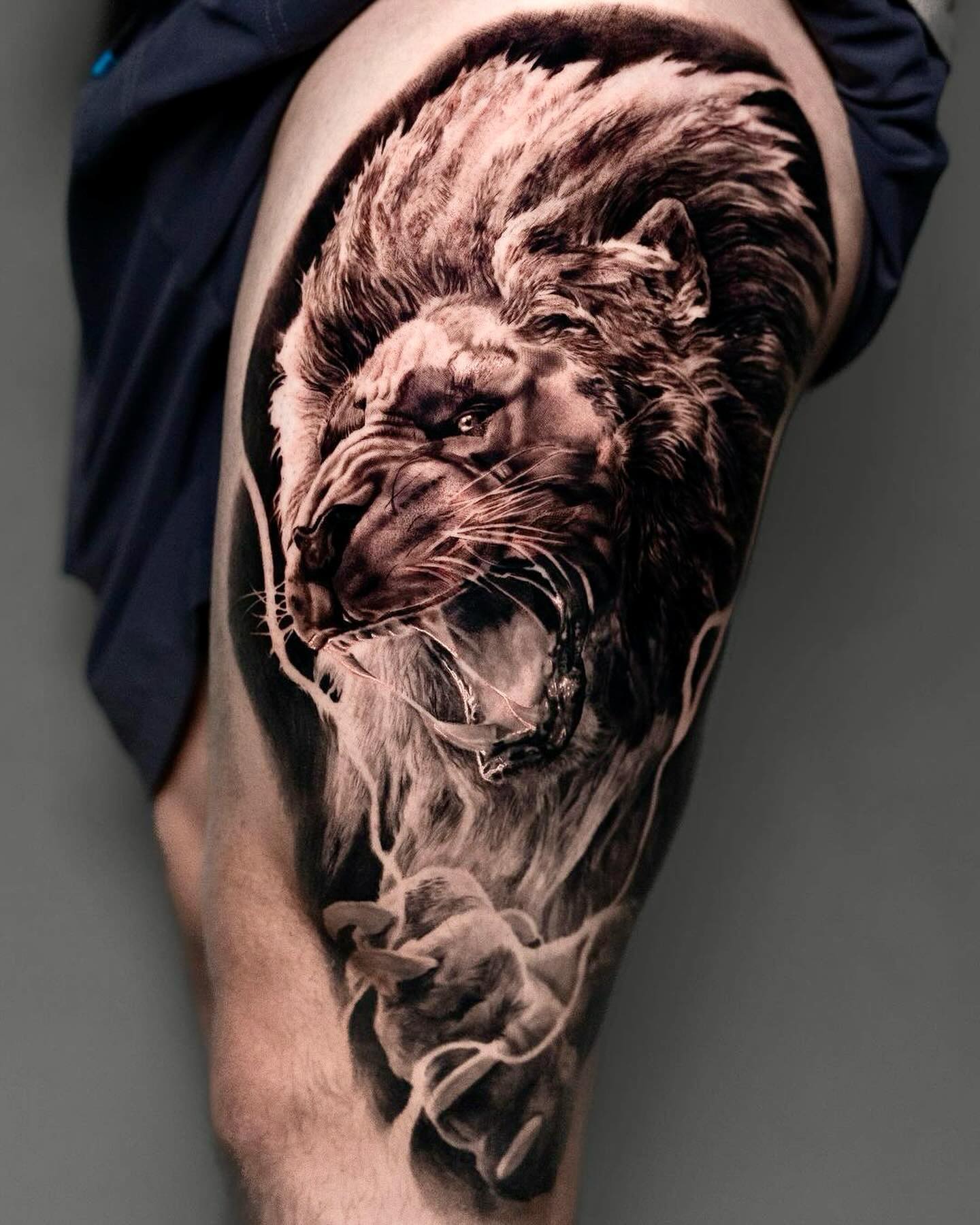Large Roaring Lion Tattoo on Thigh