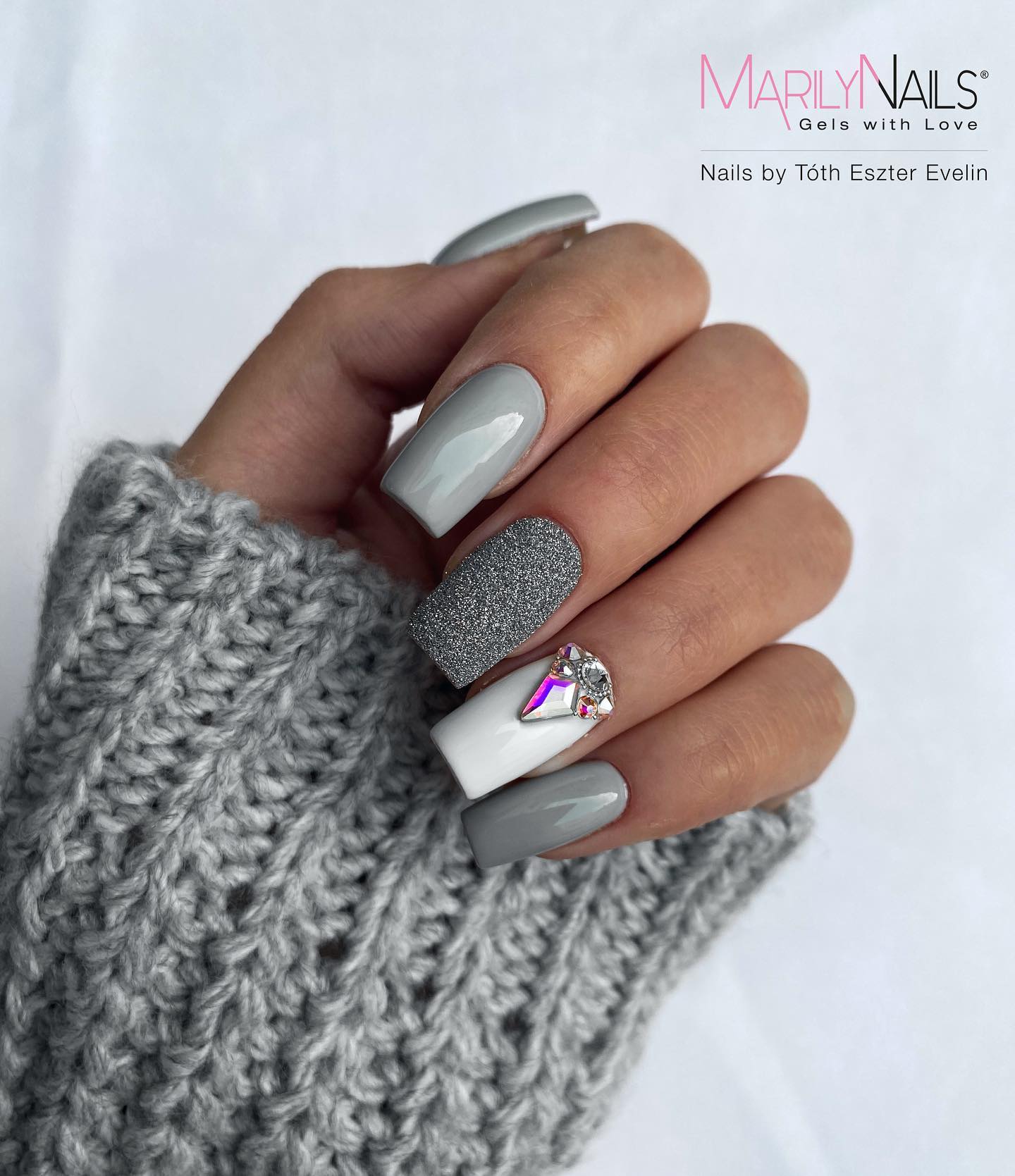 Long Square Grey Nails with Rhinestones on Accent Nail