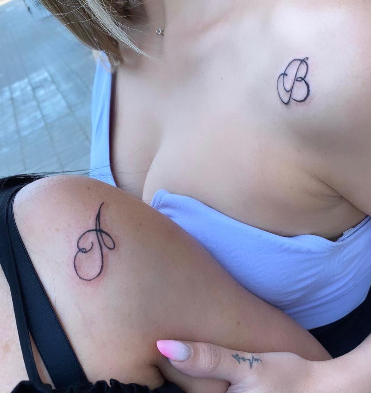 Mother-Daughter Initials Tattoos on Shoulders