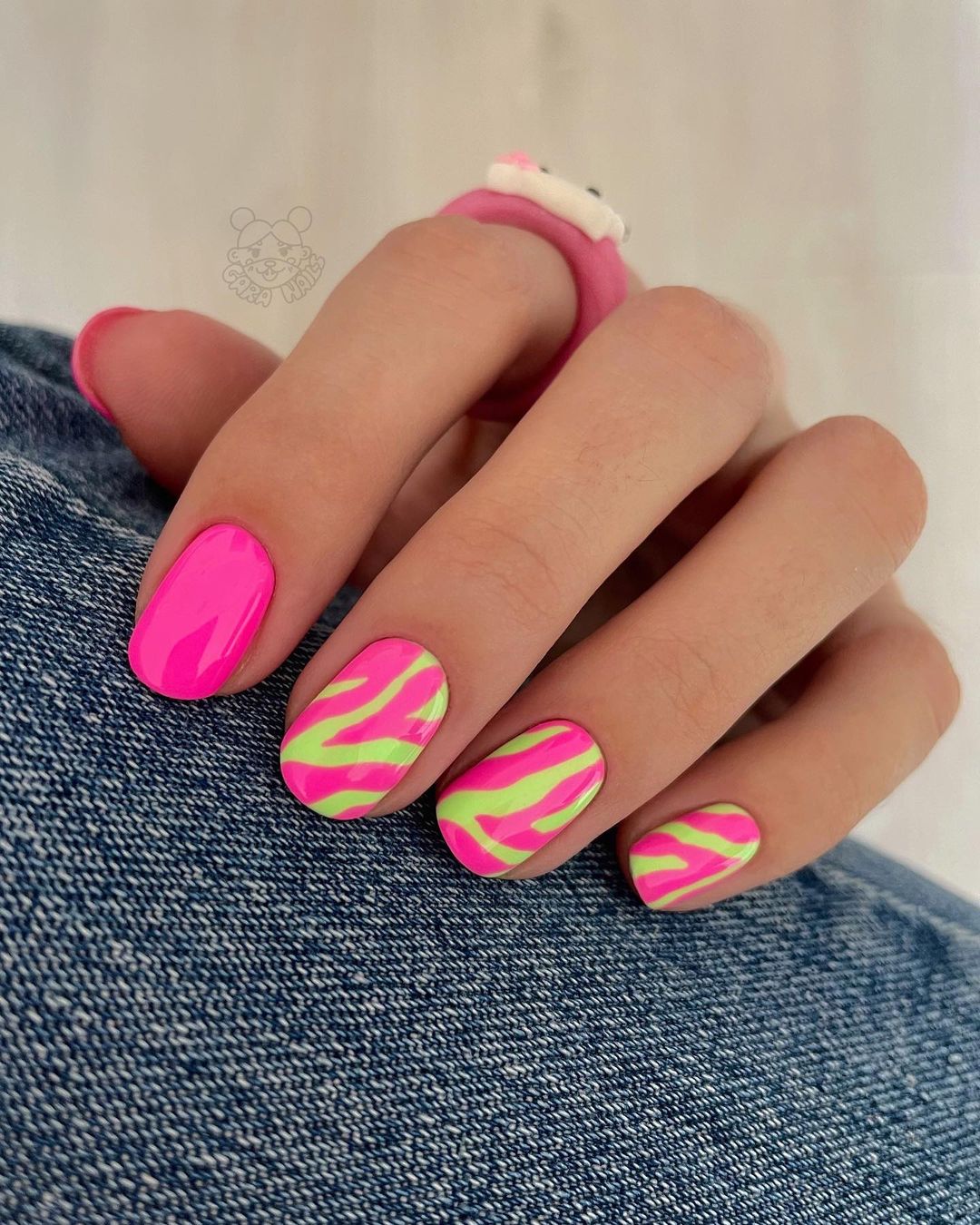 Short Bright Pink and Green Nails