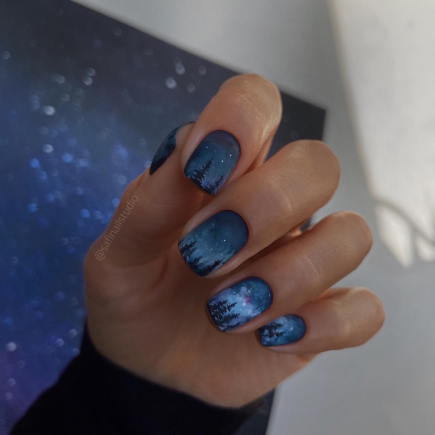 Short Square Dark Blue Sky Nails