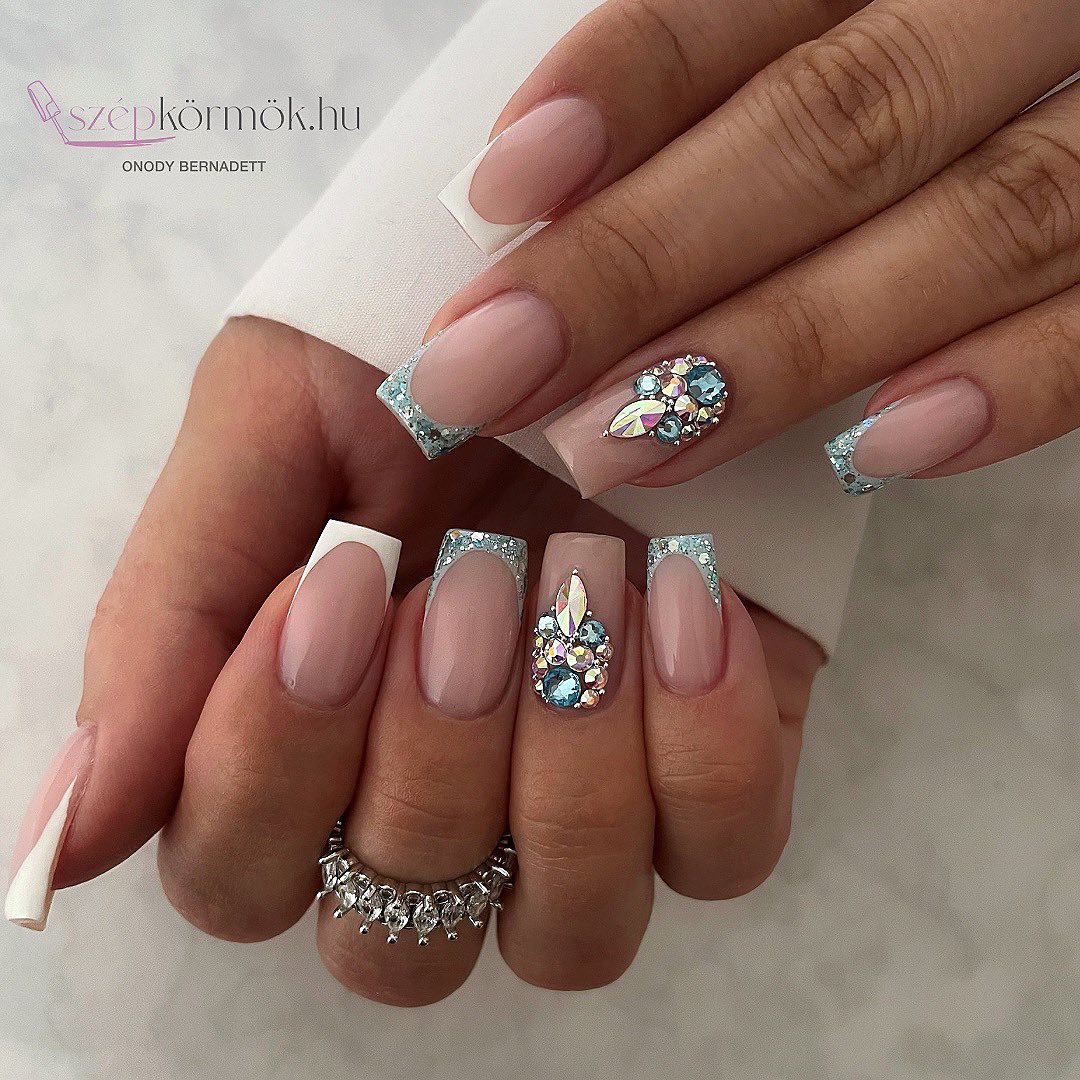 Square French Manicure with Silver Rhinestones