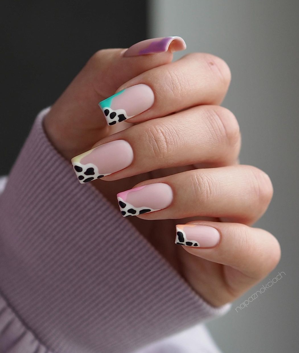 Square Matte Nails with Cow Print Tips