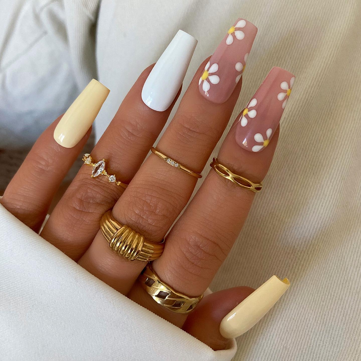 Yellow and White Acrylic Nails with Floral Design