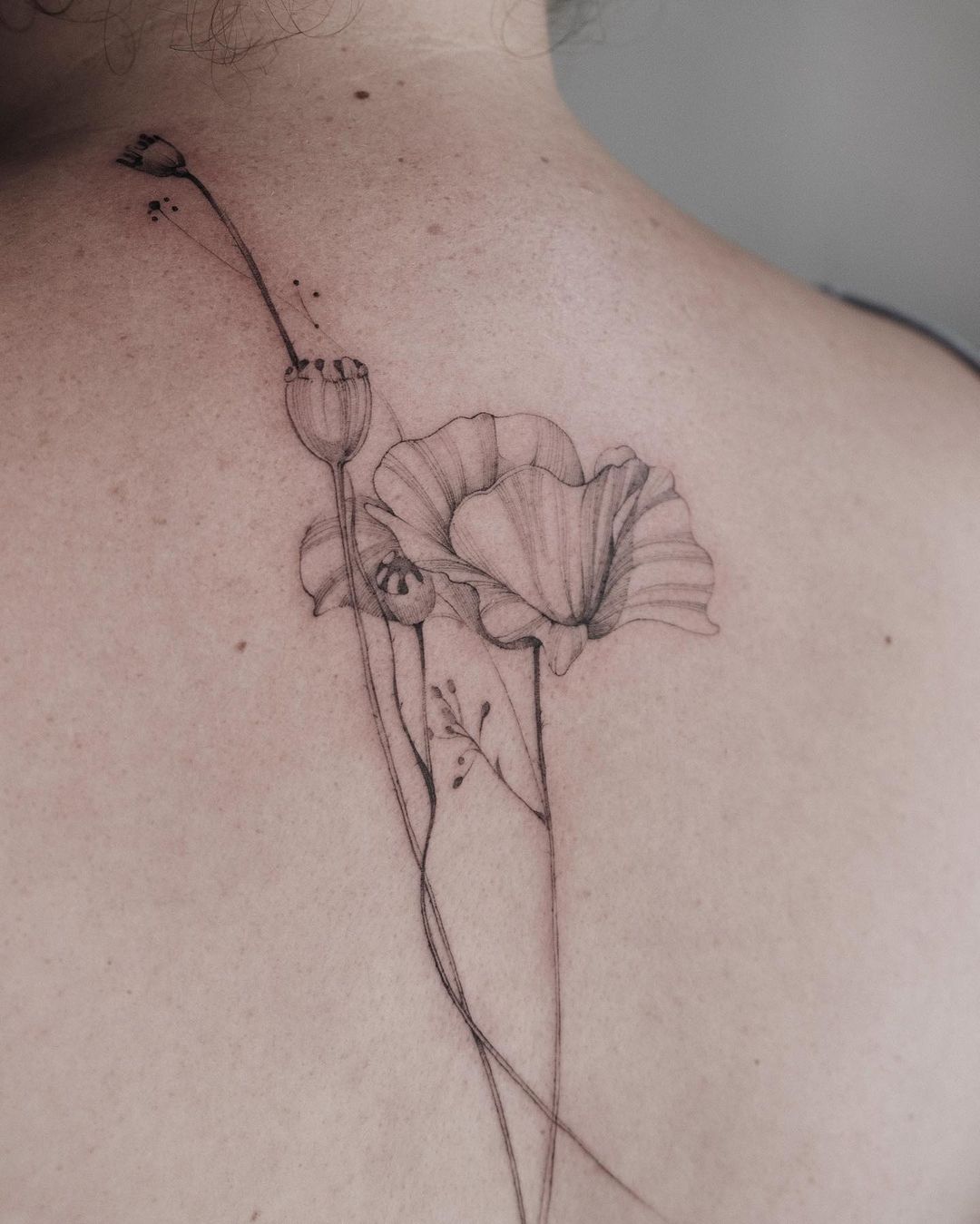 Black and White Poppy Tattoo on Back
