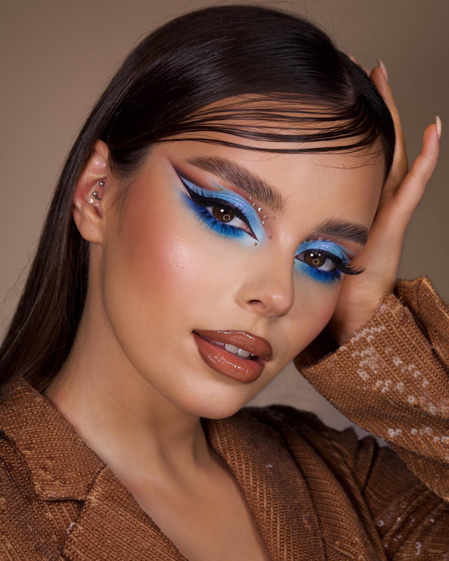 Blue Makeup Look with Rhinestones