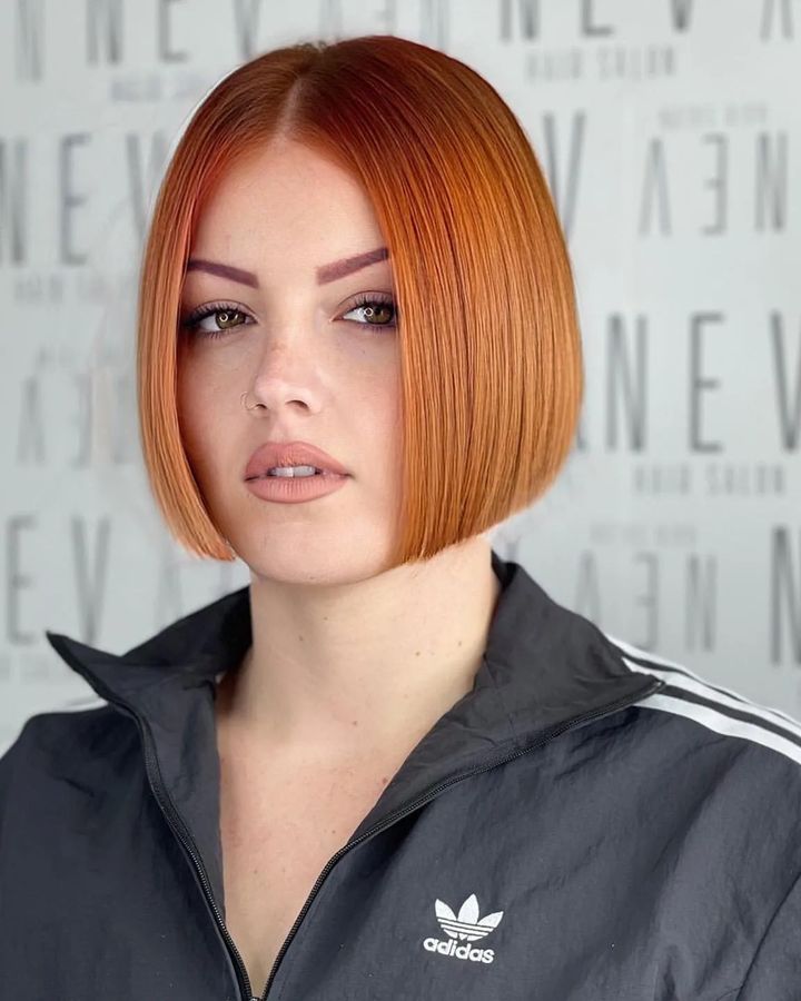 Blunt French Bob Cut without Bang on Red Hair