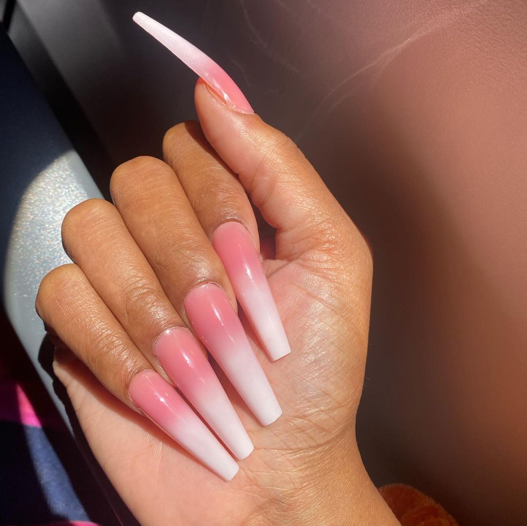 Long Coffin Pink and White Ombre Nails