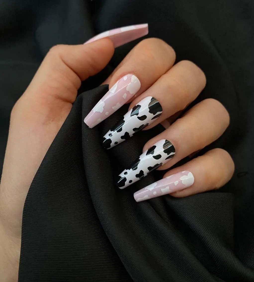 Coffin Nails with Cow Print Design