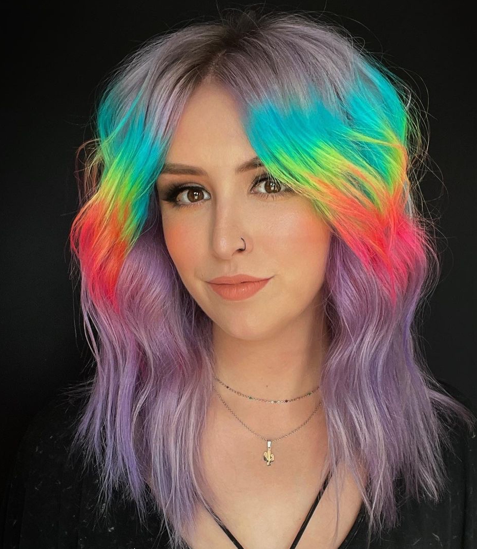 Lavender Ombre Hair with Neon Red and Green Hues