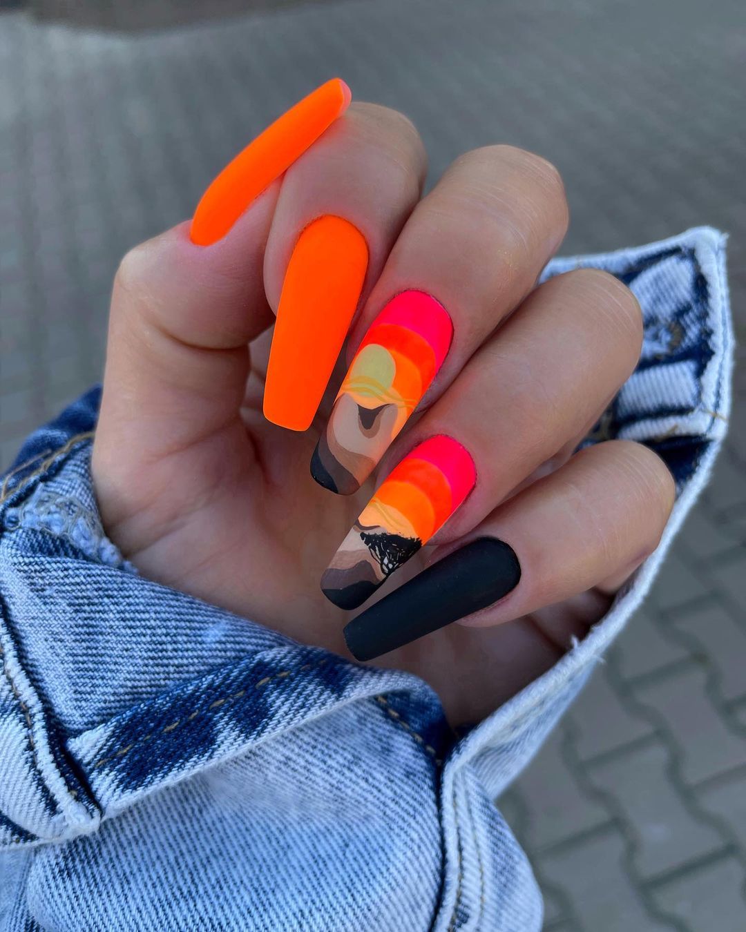 Long Bright Orange Neon Nails