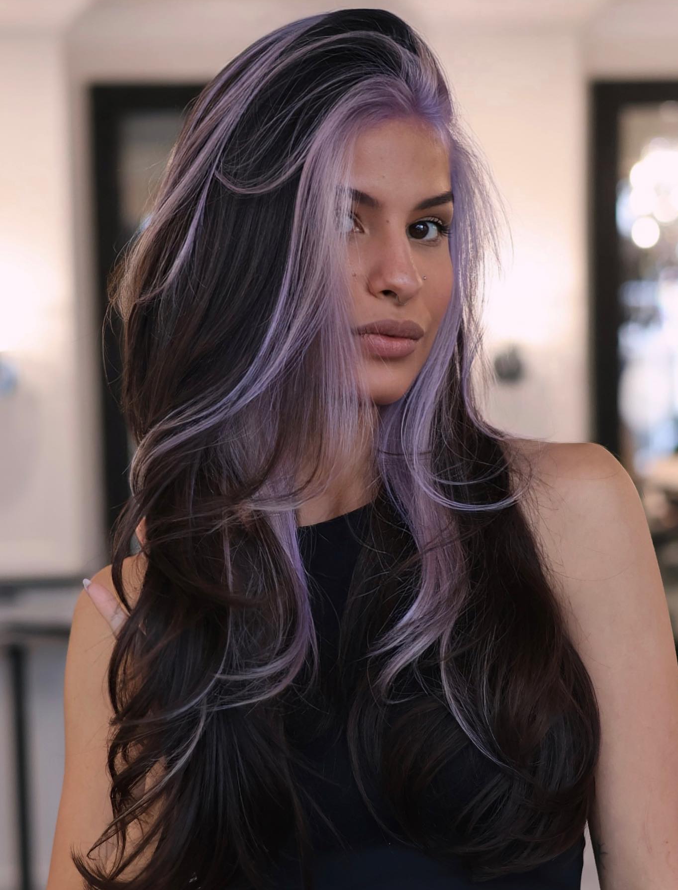 Long Brown Hair with Lavender Money Piece Highlights
