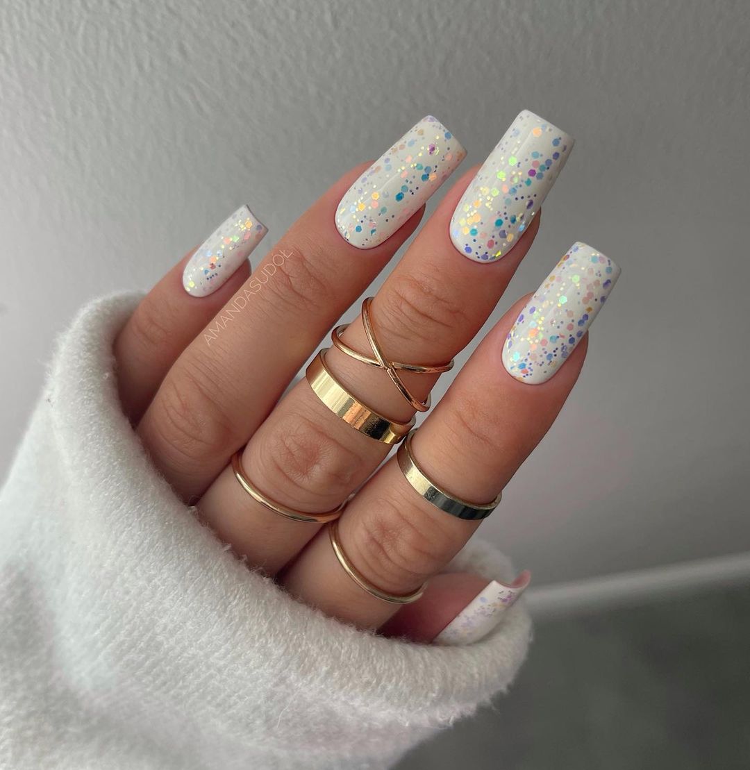 Long Square White Nails with Glitter