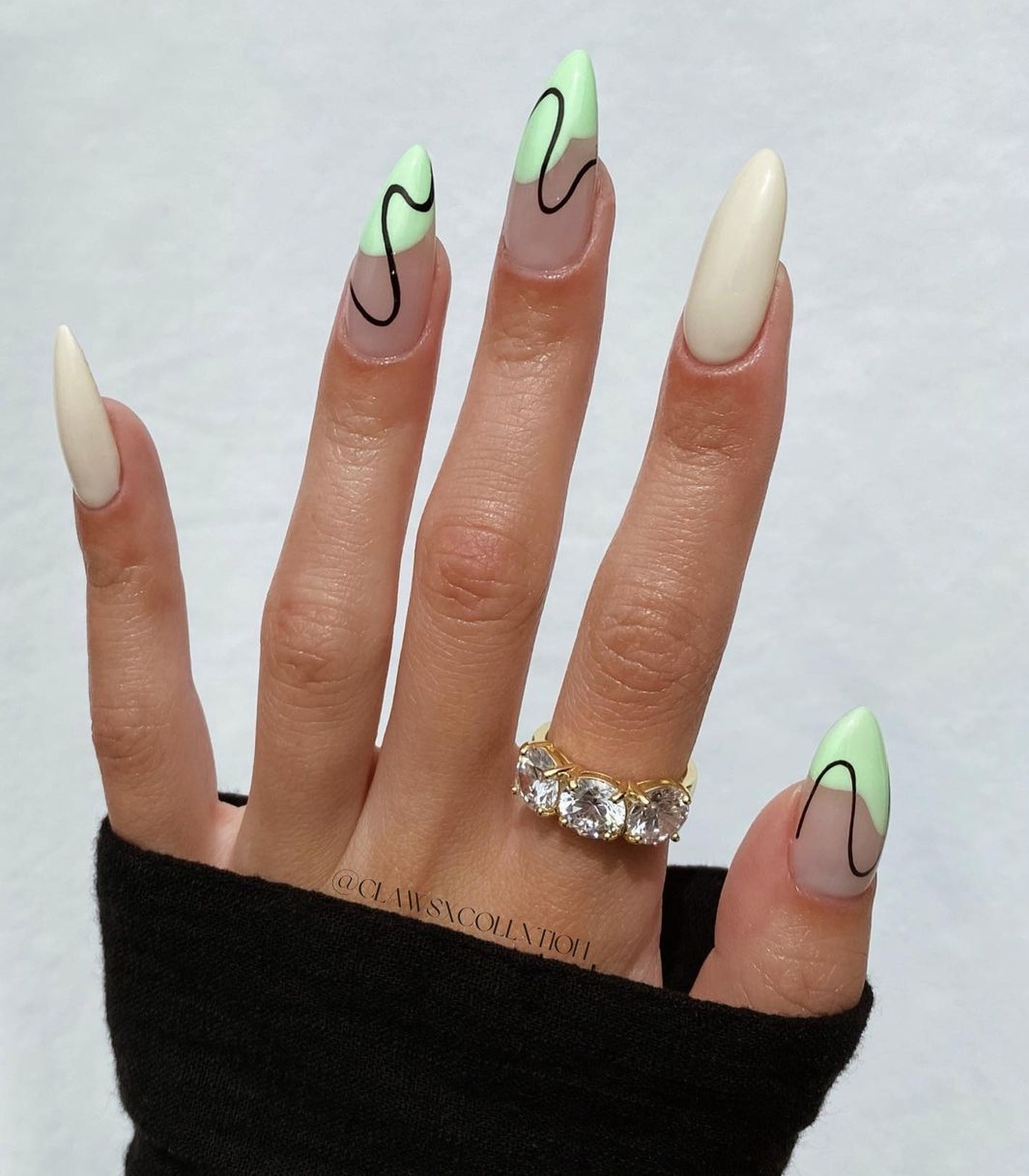 Long White Gel Nails with Black Lines