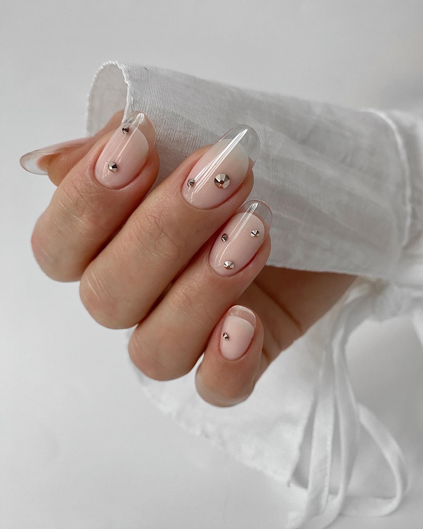 Nude and Clear Nails with Rhinestones