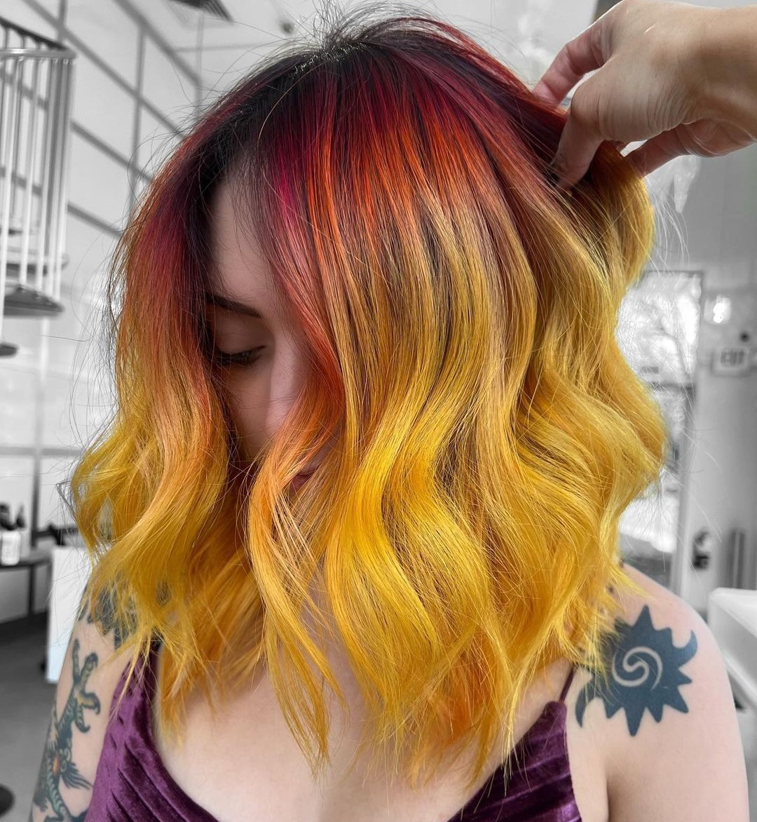 Red to Yellow Ombre Hair on Long Bob Cut