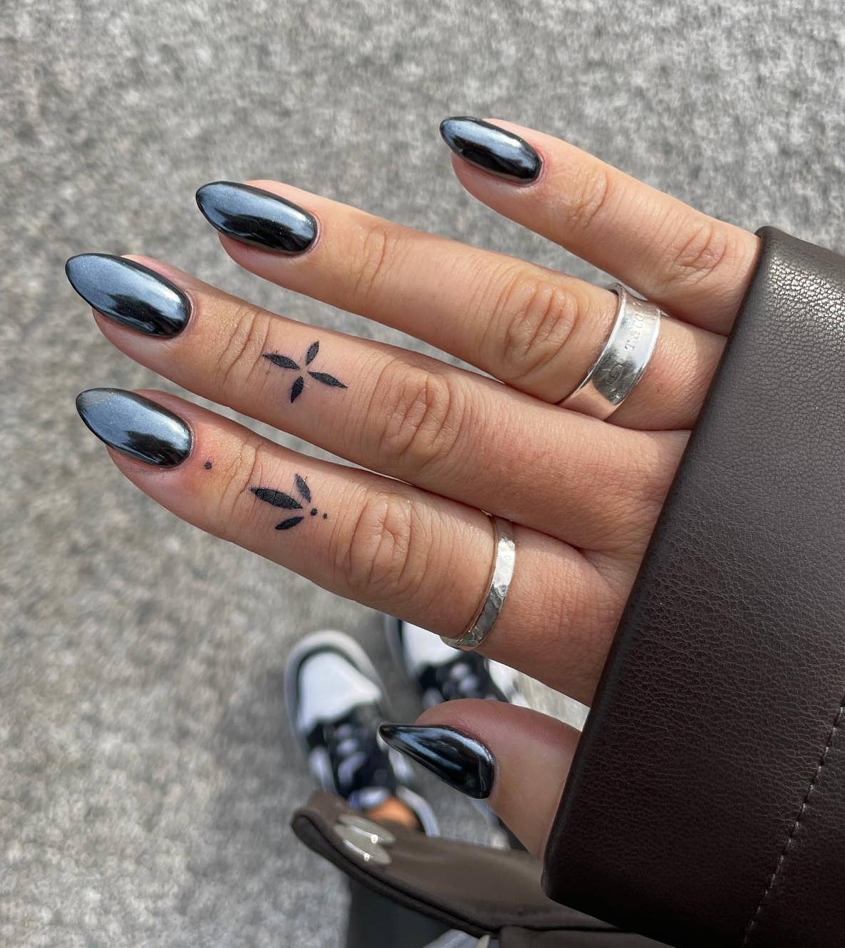 Short Almond Black Chrome Nails