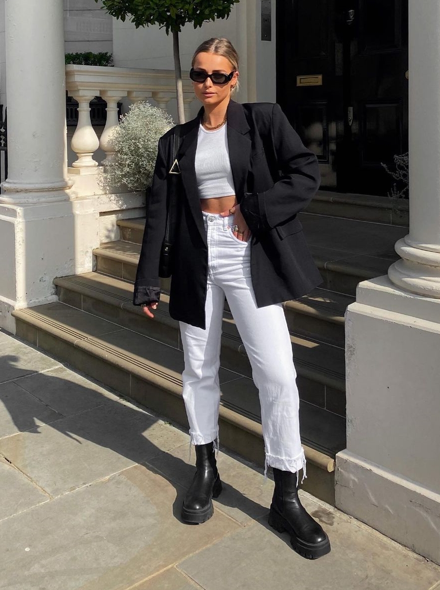 Summer White Jeans Outfit with Black Jacket
