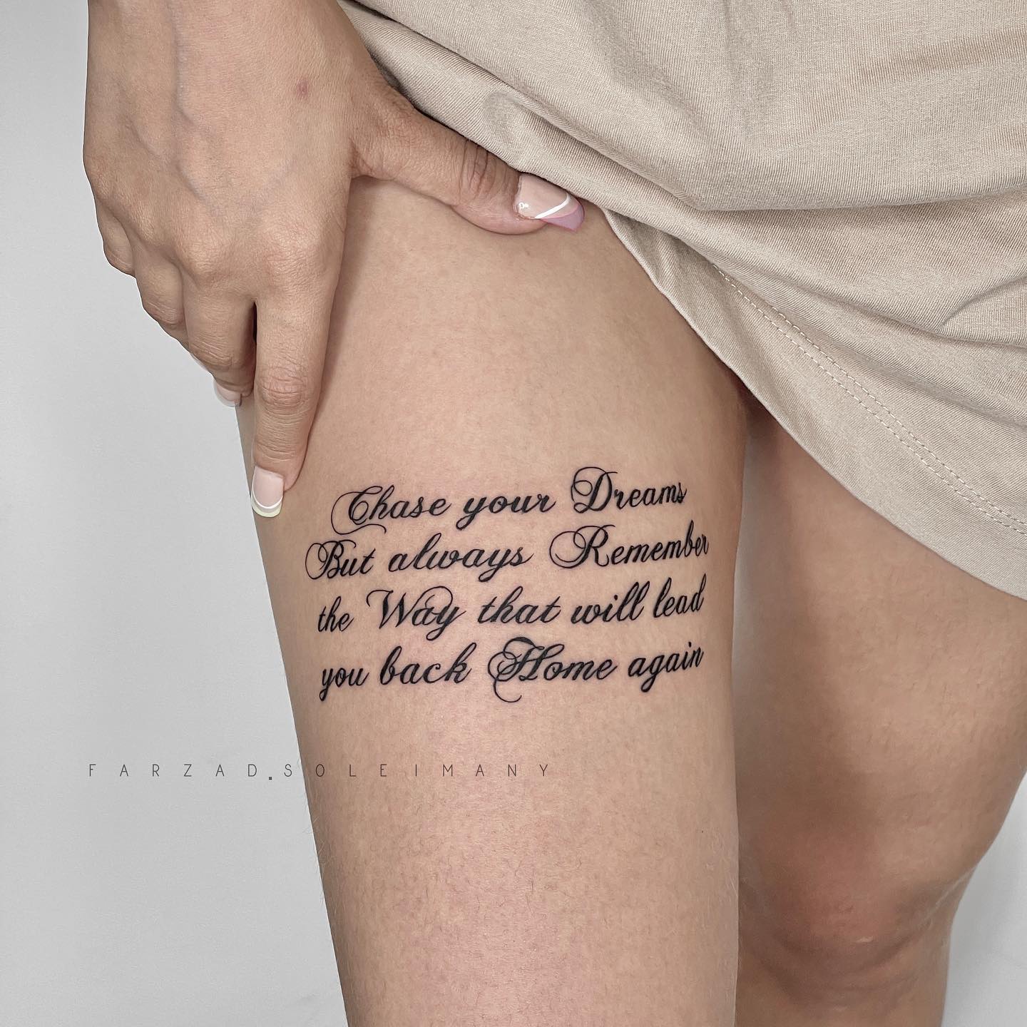Tattoo Quote on Front Thigh for Women