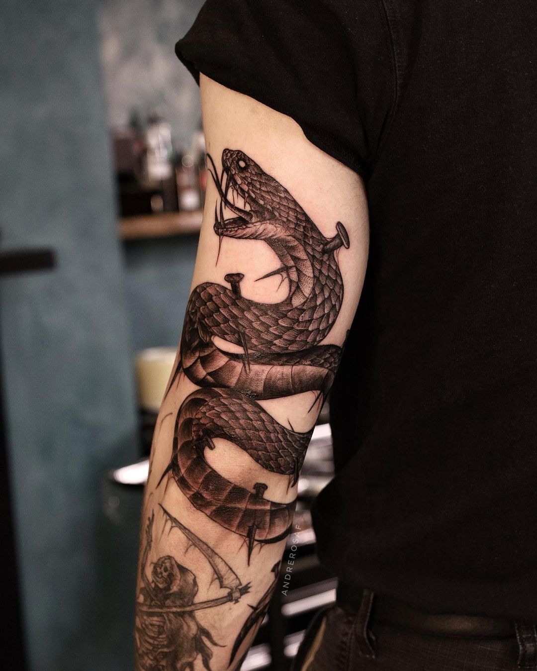Black 3D Snake Tattoo on Arm