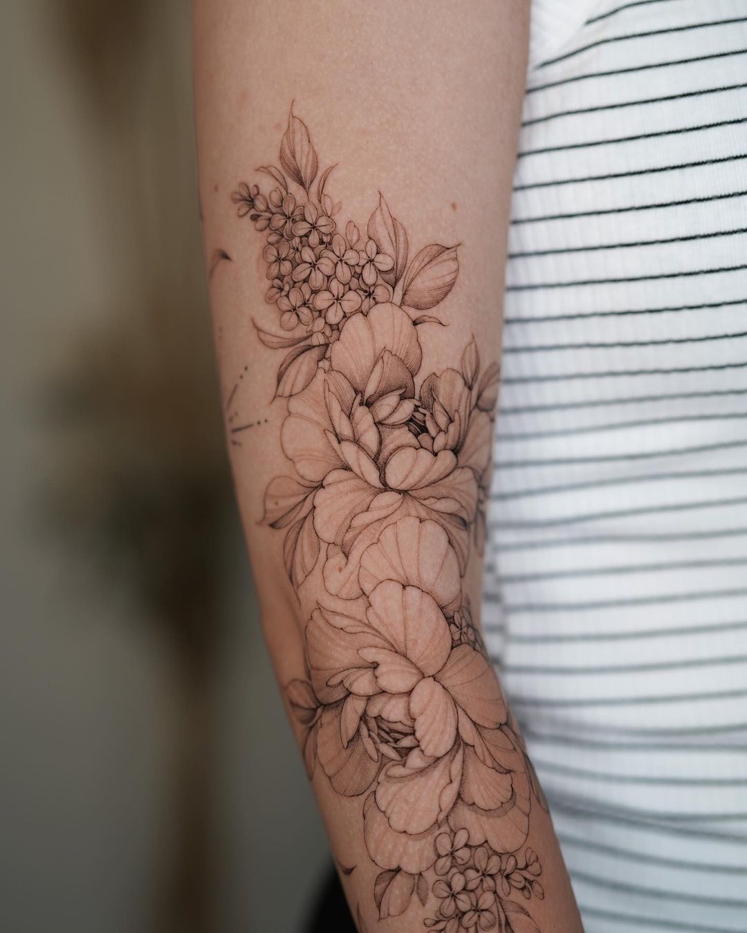 Black and White Peony Flower Tattoo on Arm
