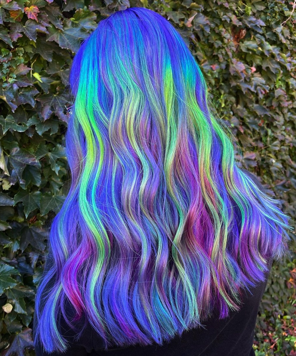 Bright Blue and Green Galaxy Colors on Long Hair