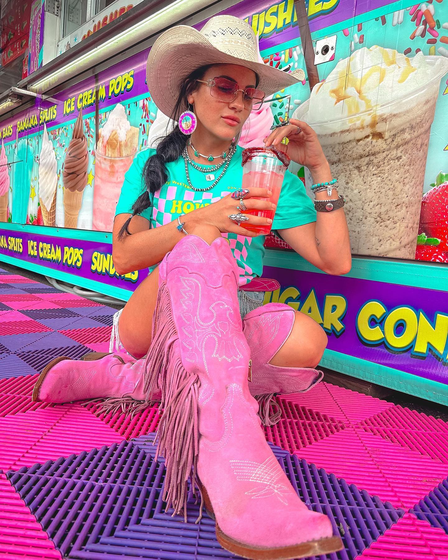 Bright Green and T-Shirt with Jeans Shorts and Pink Boots