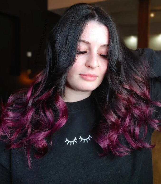 Burgundy Ombre On Long Dark Curly Hair