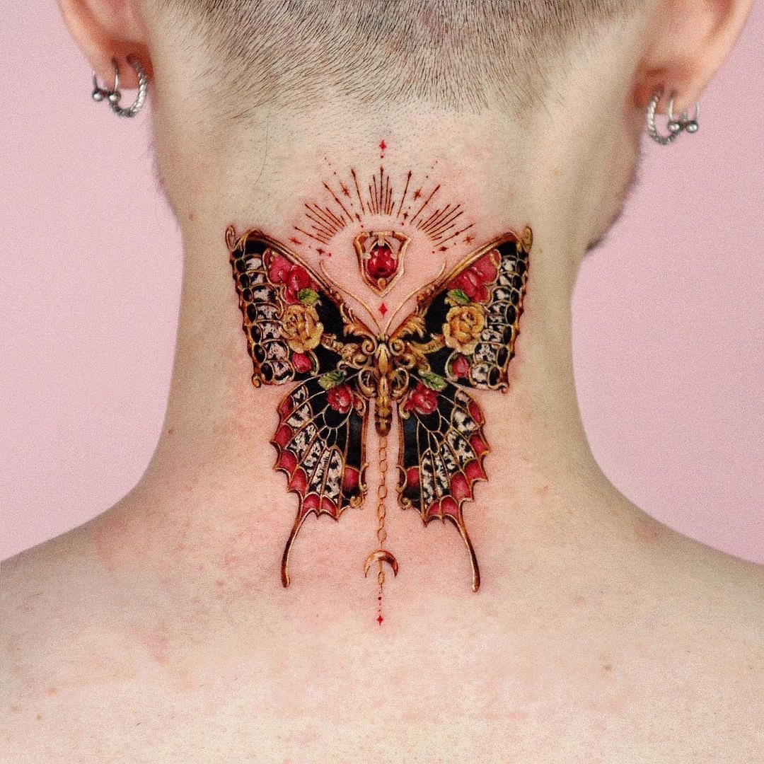 Colorful Butterfly Tattoo on Neck