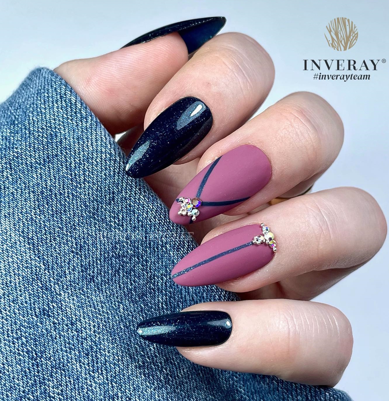 Long Round Black and Burgundy Nails with Blue Lines and Crystals