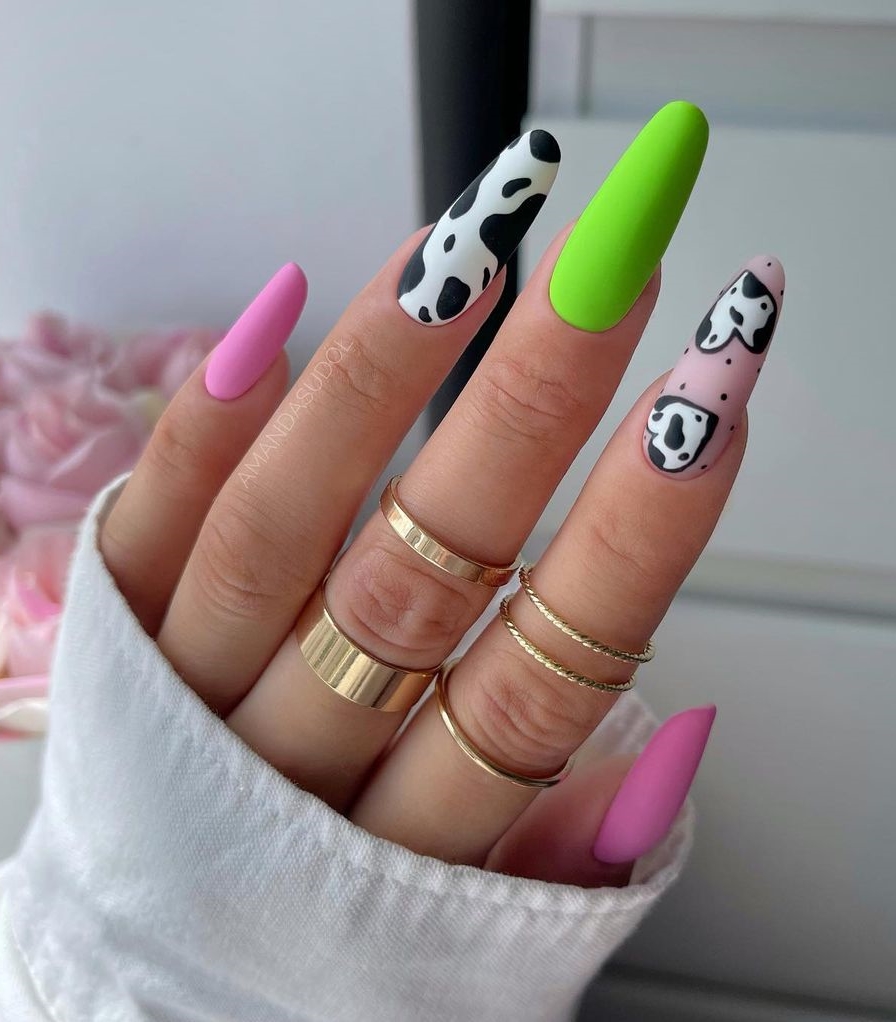 Long Round Nails with Print Cow on Accent Nail