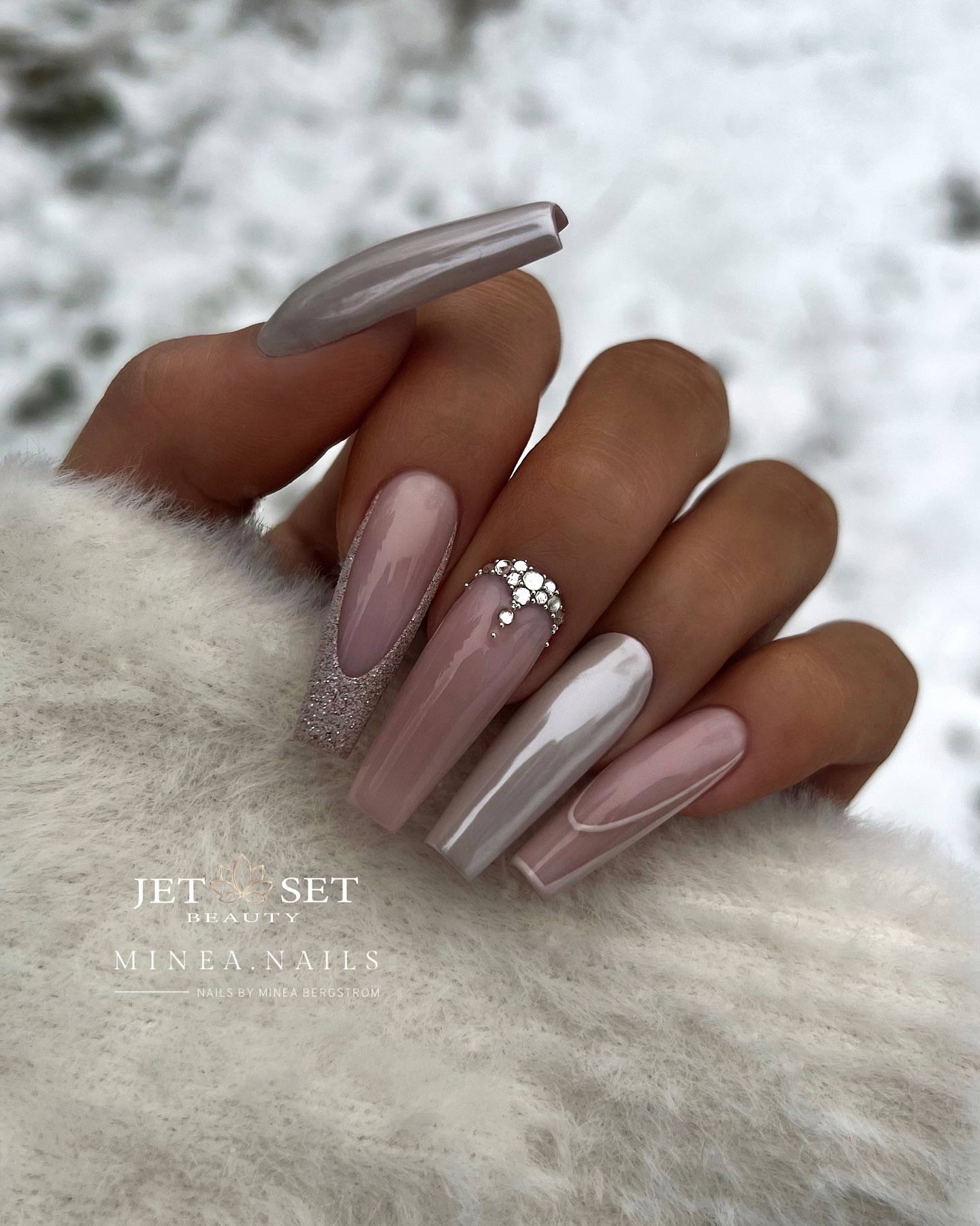 Long Square Grey Chrome Nails with Rhinestones