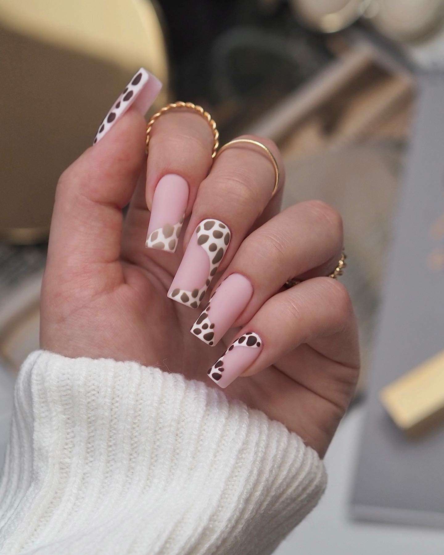 Long Square Pink Nails with Brown Cow Print
