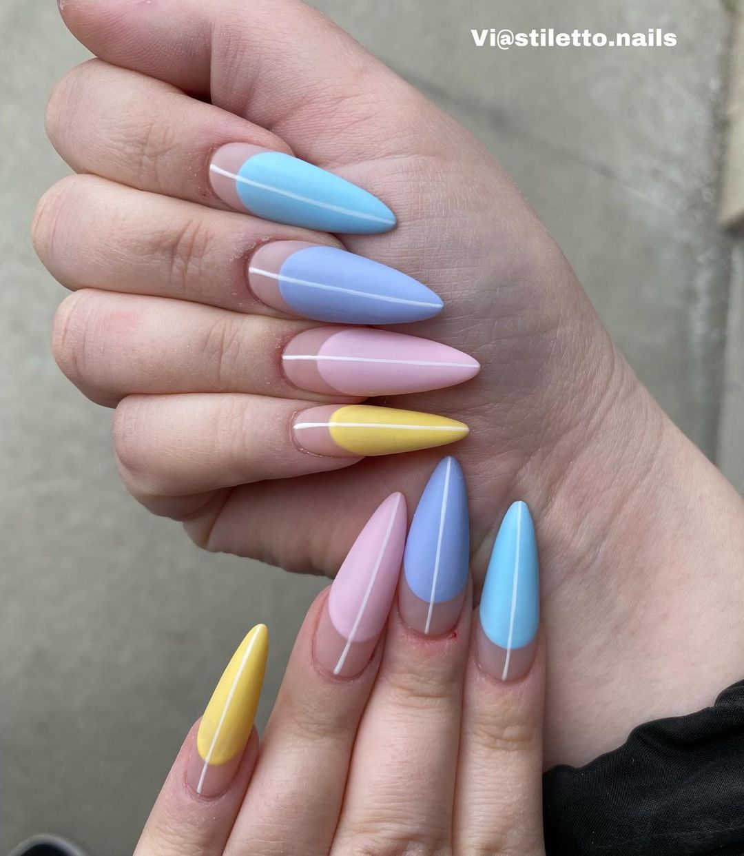 Long Stiletto Rainbow Nails with While Line