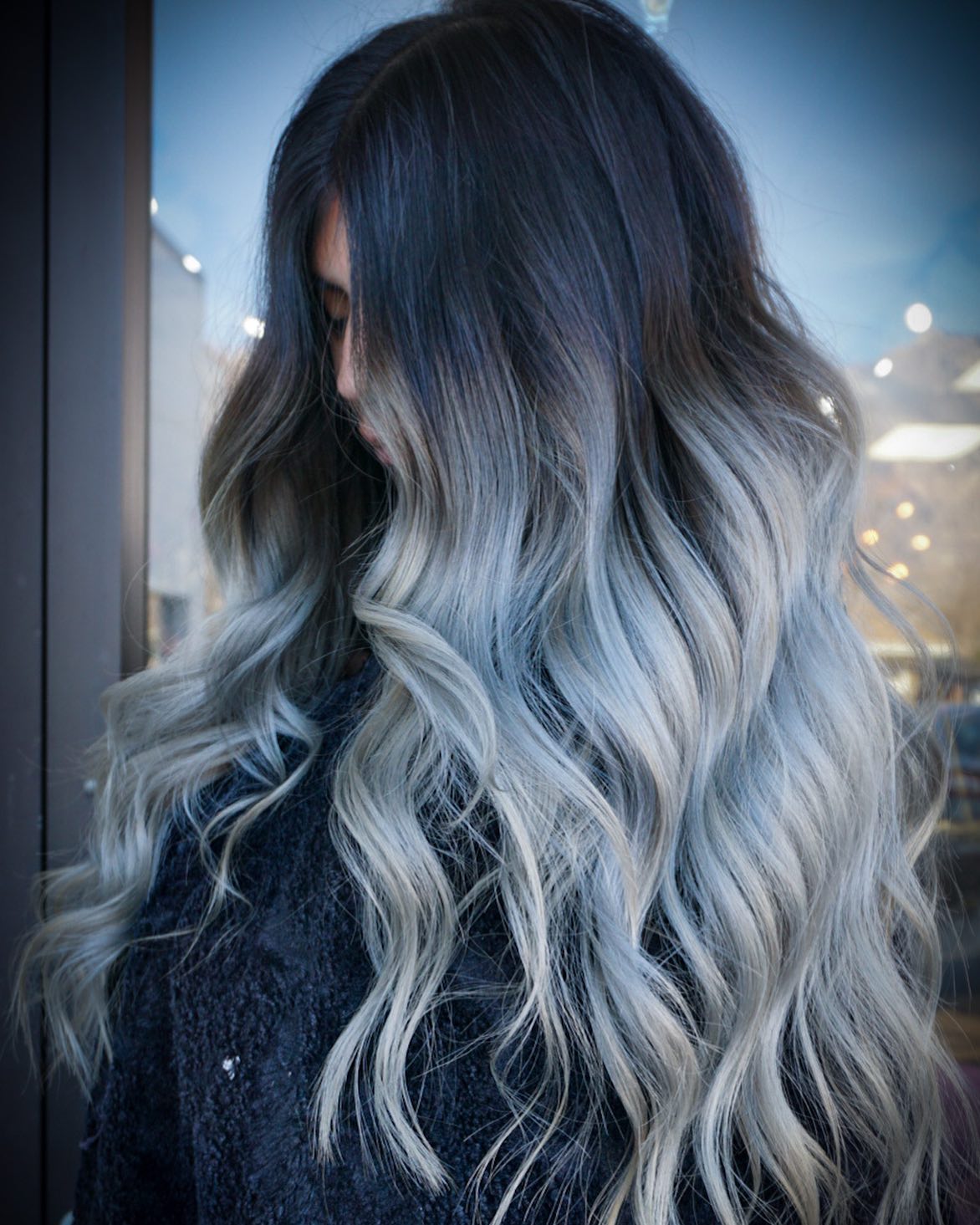 Long Wavy Smokey Gray Ombre Hair Color with Black Roots