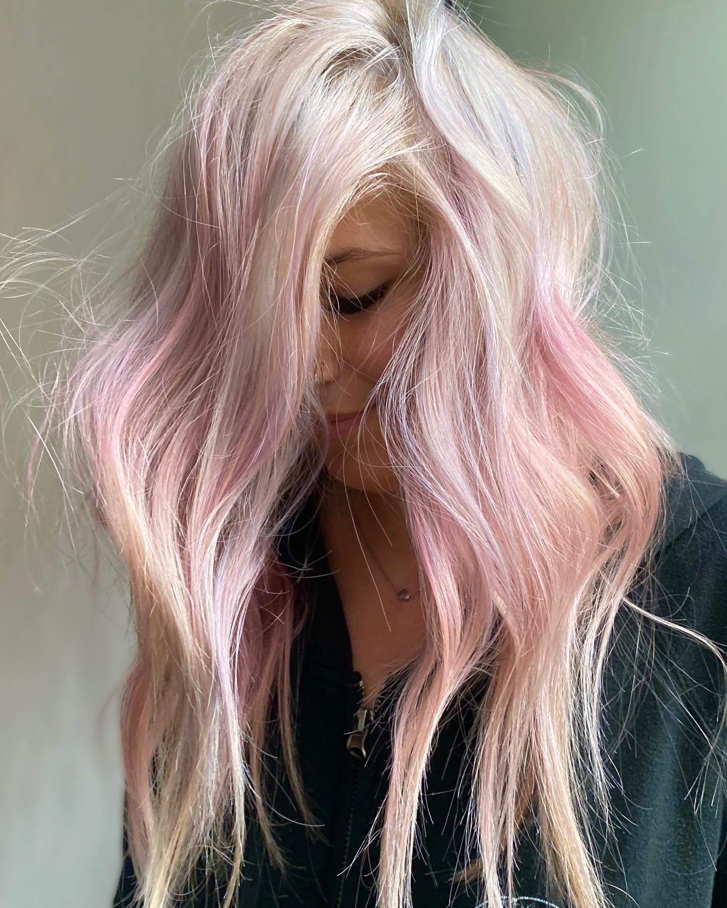 Messy Platinum Blonde Hair with Light Rose Highlights