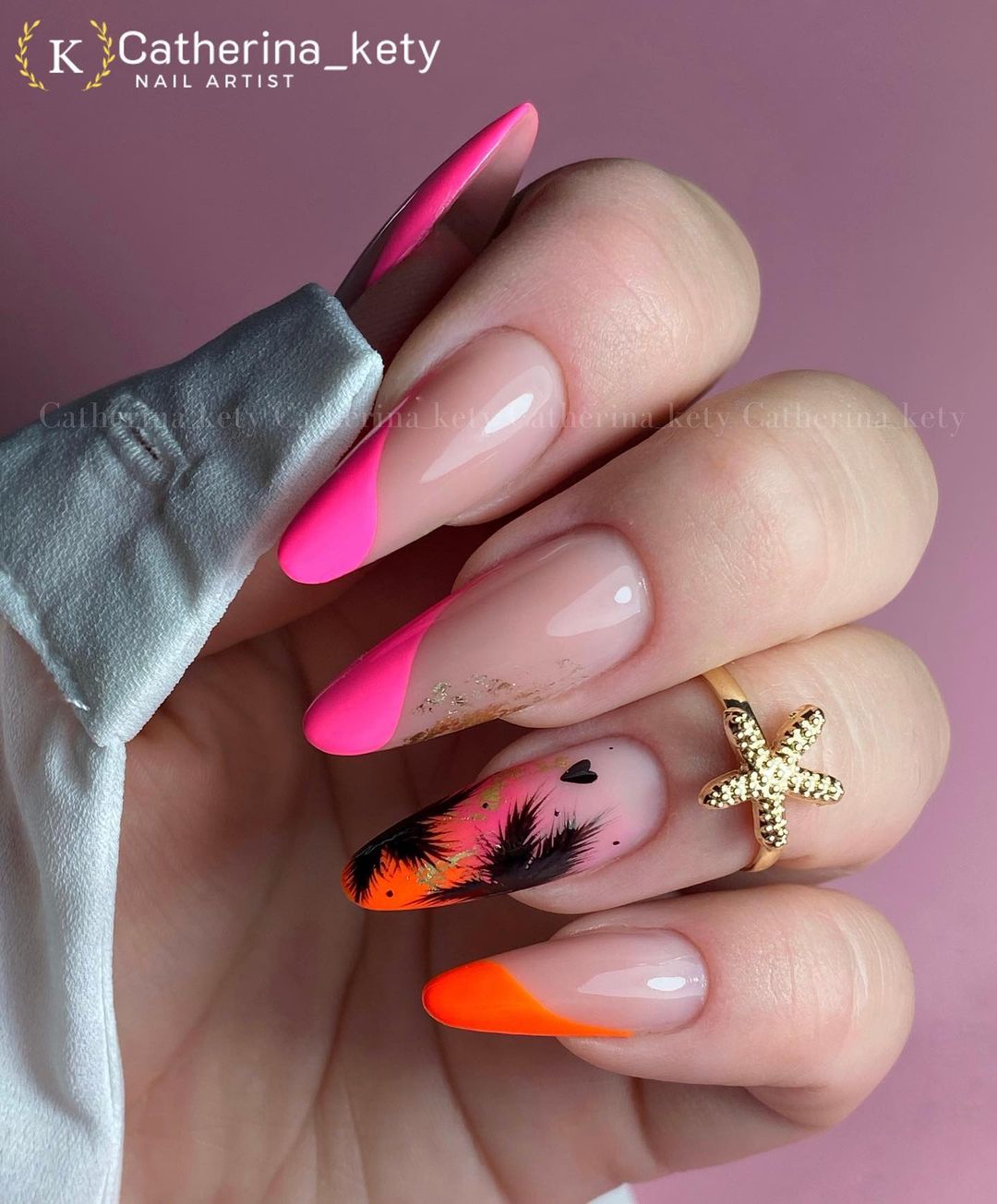 Nude and Pink Neon French Nail Design