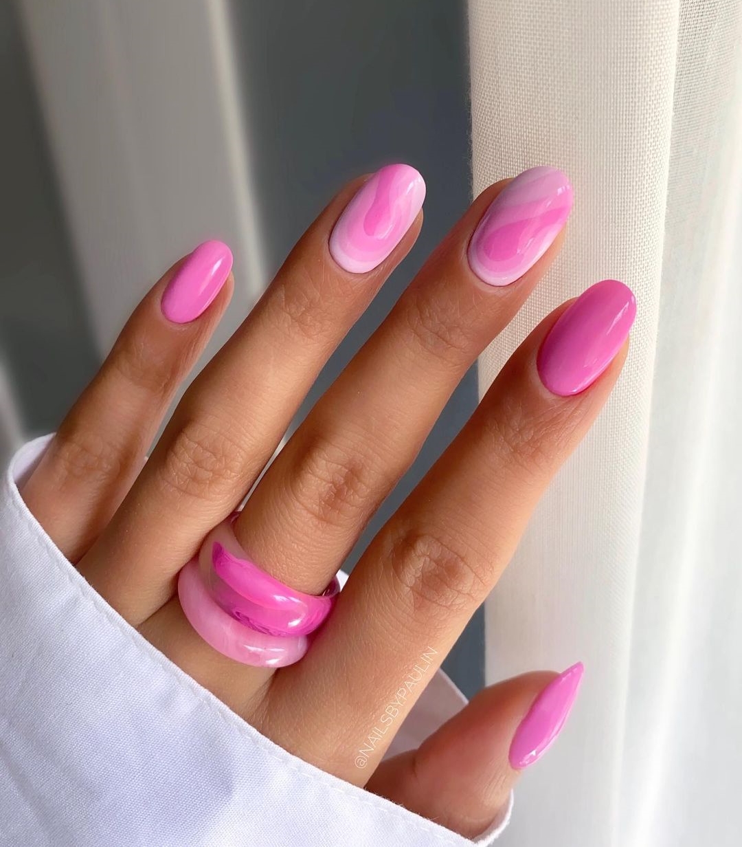 Short Barbie Pink Nails with Marble Design