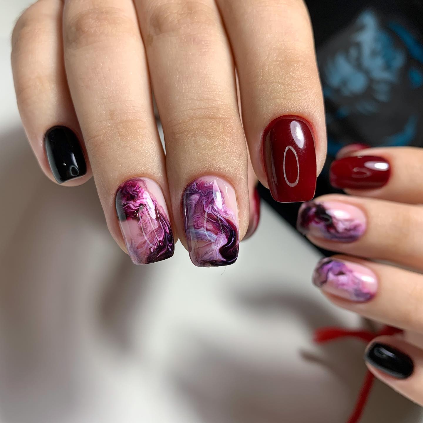 Short Square Burgundy Marble Nails