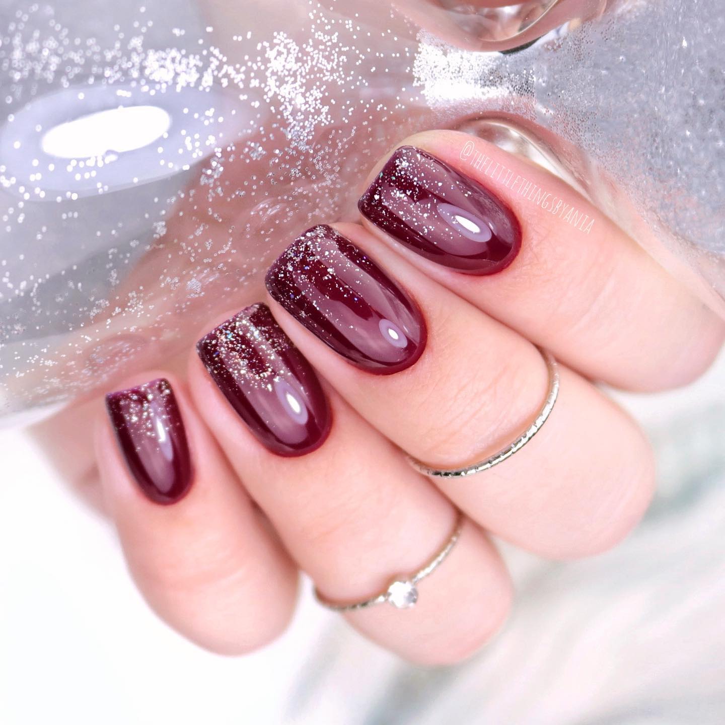 Short Square Burgundy Nails with Silver Glitter on Tips