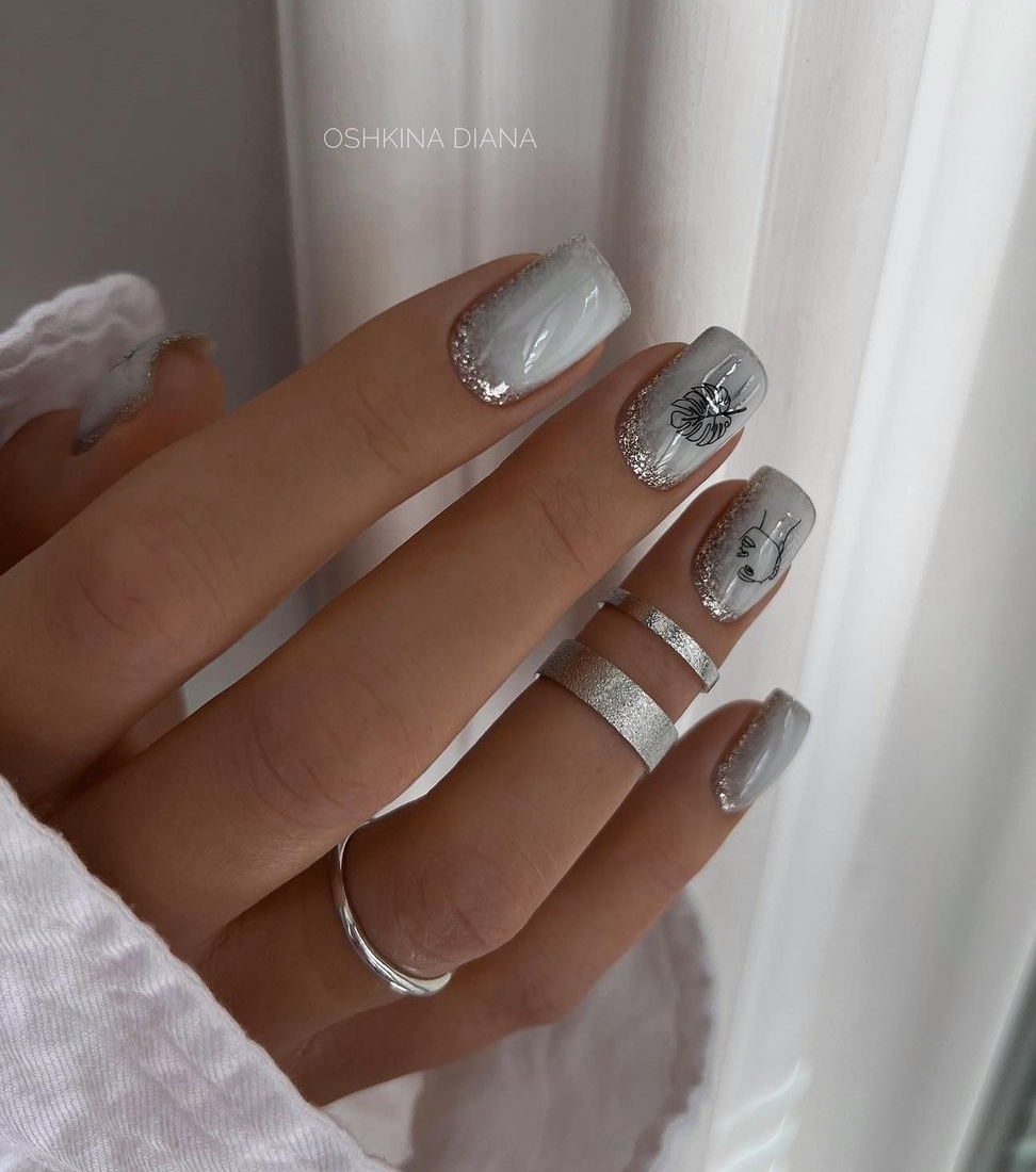 Short Square Gray Nails with Silver Glitter Design