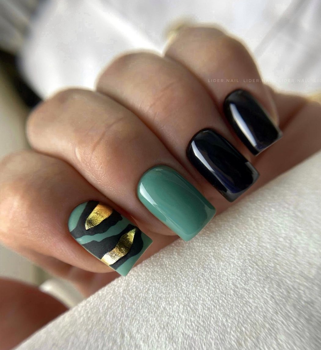 Square Black and Dark Green Nail Design with Gold Foil
