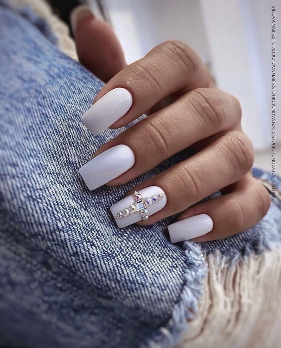 Square White Gel Nails with Rhinestones on Accent Nail