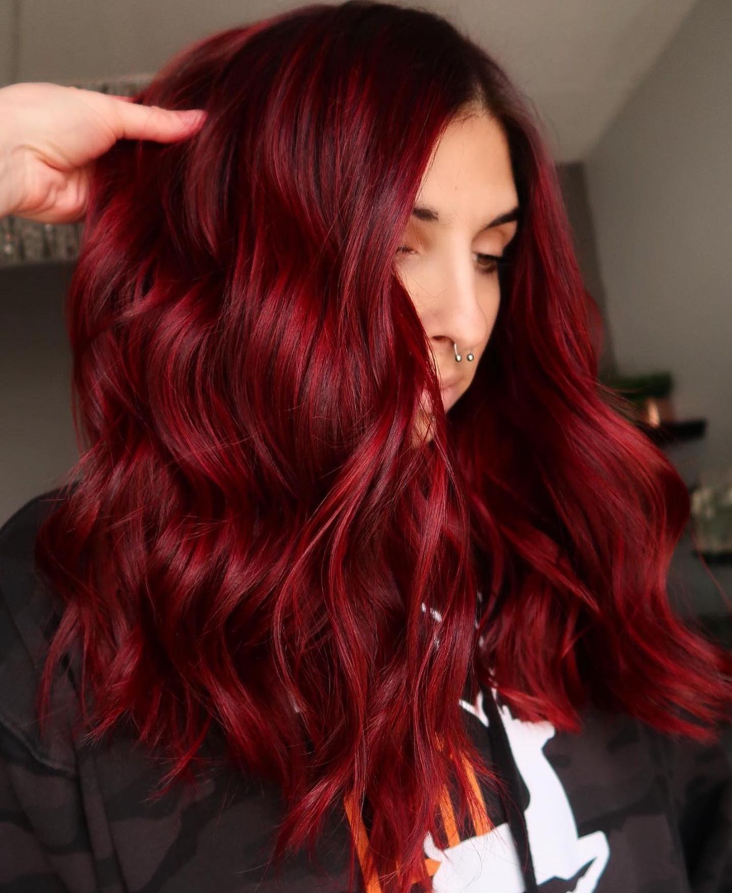 Vintage Red Waves on Long Hair