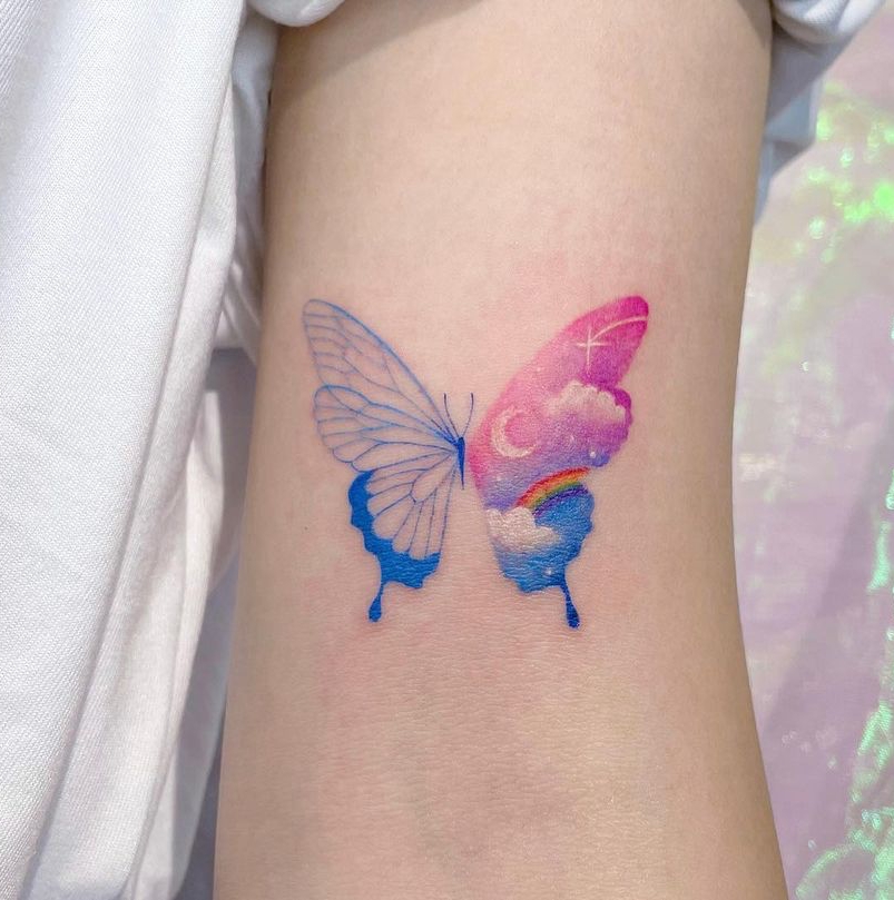 Blue and Pink Butterfly Tattoo