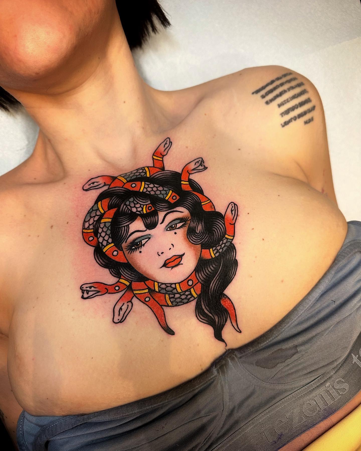 Colorful Medusa Tattoo on Chest