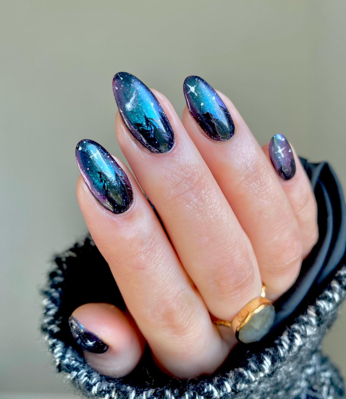 Glossy Chrome Dark Blue Galaxy Nails