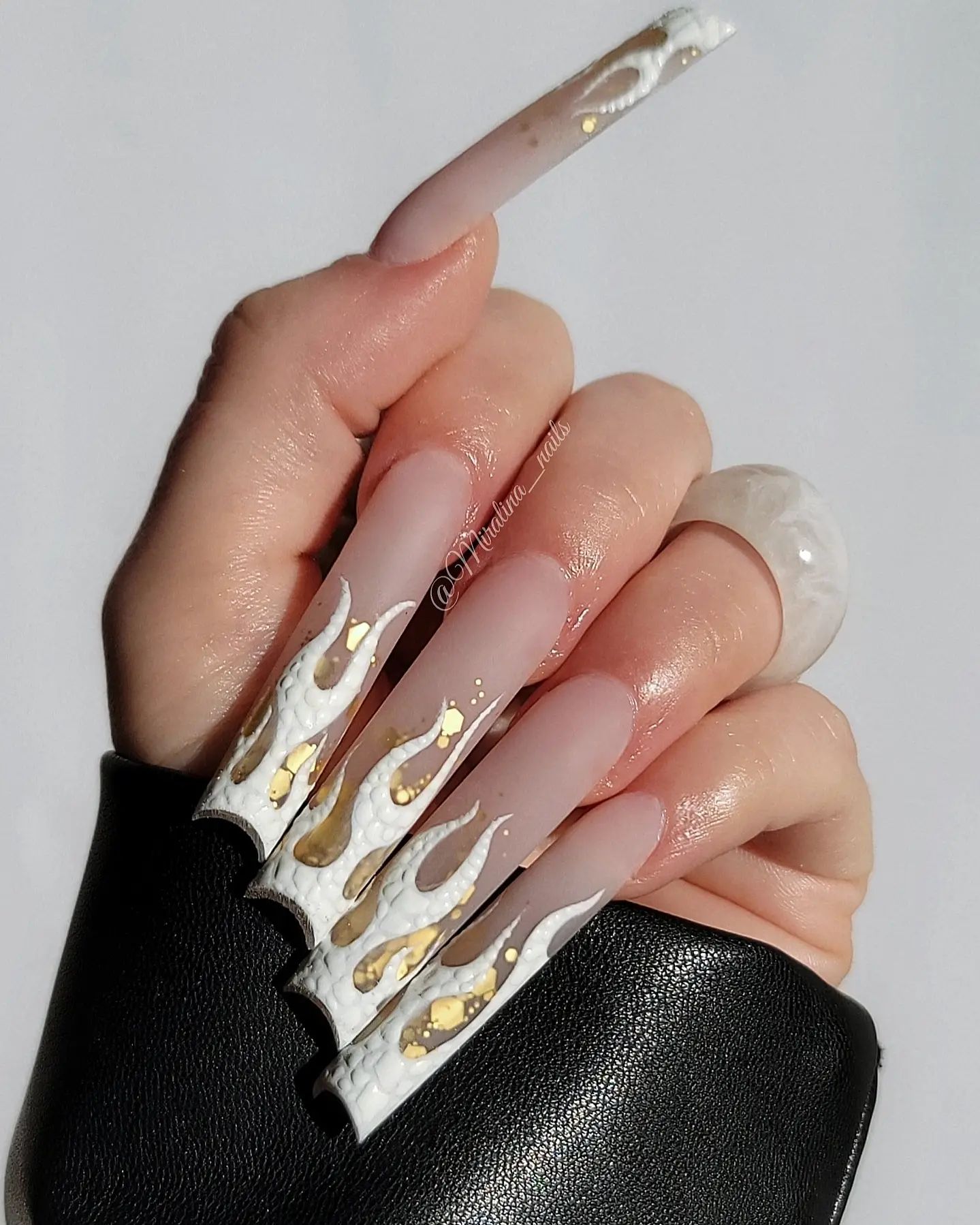 Long Acrylic Square White Flame Nails