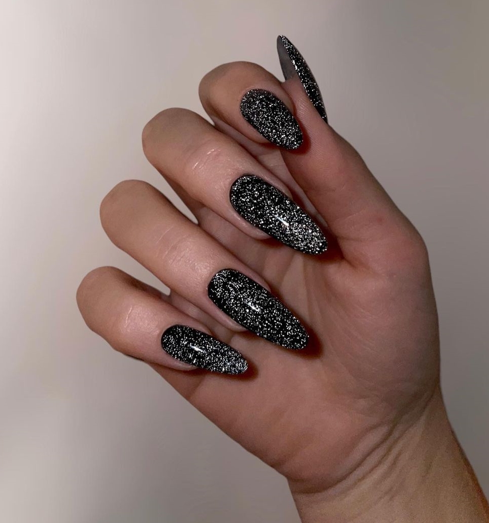 Long Black Nails with Sparkly Glitter